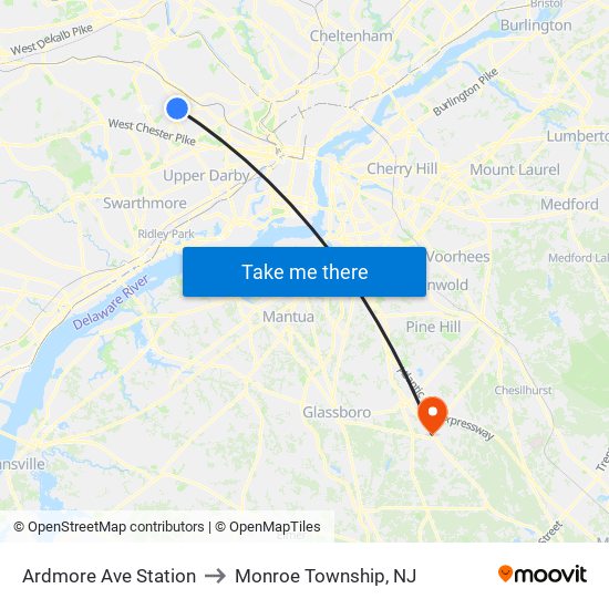 Ardmore Ave Station to Monroe Township, NJ map