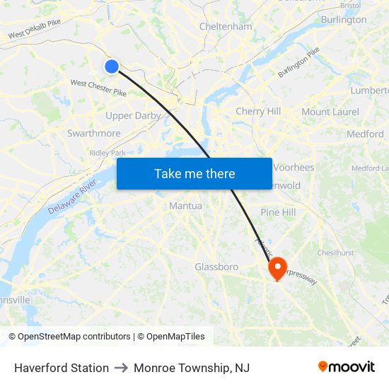 Haverford Station to Monroe Township, NJ map