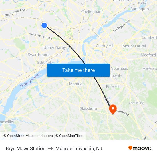 Bryn Mawr Station to Monroe Township, NJ map