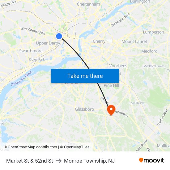 Market St & 52nd St to Monroe Township, NJ map