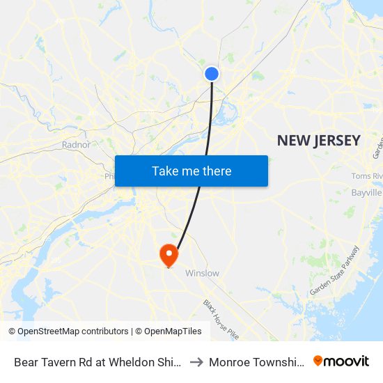 Bear Tavern Rd at Wheldon Shivers Dr to Monroe Township, NJ map