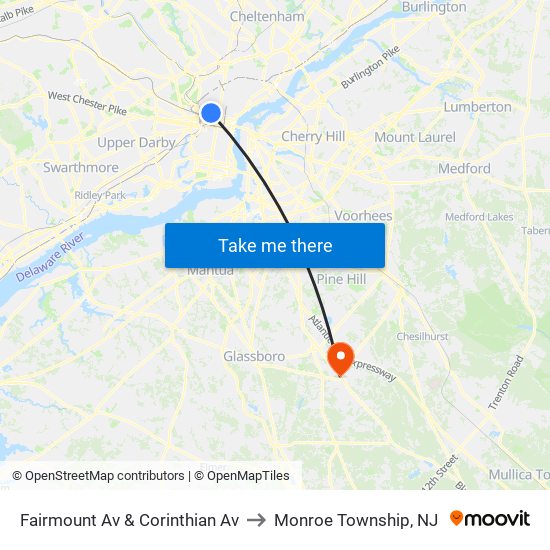Fairmount Av & Corinthian Av to Monroe Township, NJ map