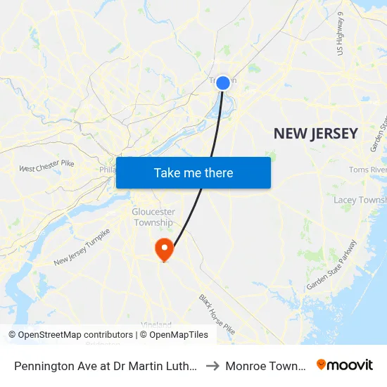 Pennington Ave at Dr Martin Luther King Jr Blvd to Monroe Township, NJ map
