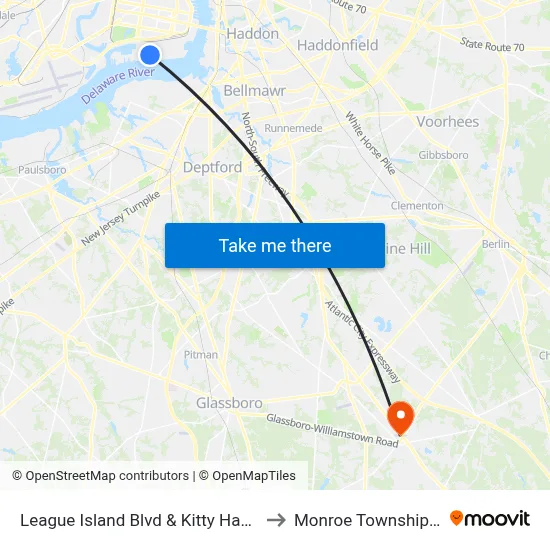 League Island Blvd & Kitty Hawk Av to Monroe Township, NJ map