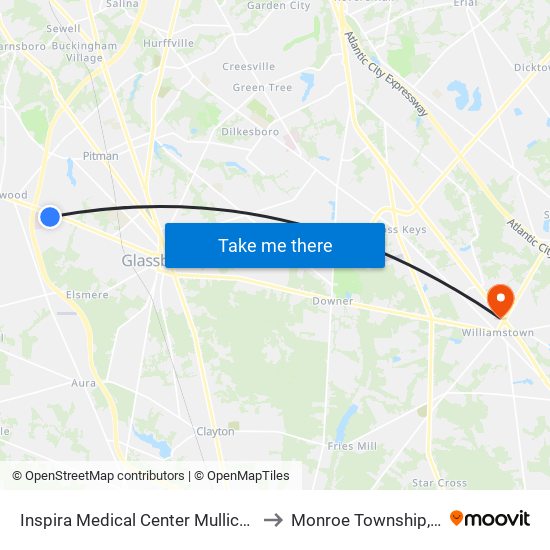 Inspira Medical Center Mullica Hill to Monroe Township, NJ map