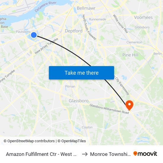 Amazon Fulfillment Ctr - West Deptford to Monroe Township, NJ map