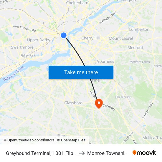 Greyhound Terminal, 1001 Filbert St to Monroe Township, NJ map