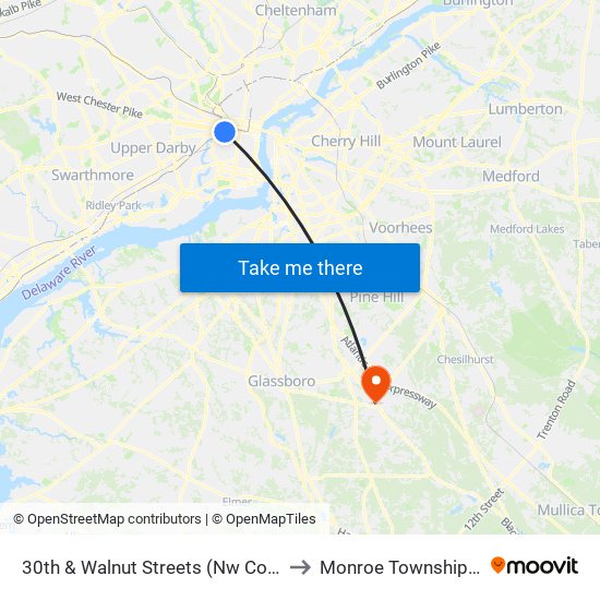 30th & Walnut Streets (Nw Corner) to Monroe Township, NJ map