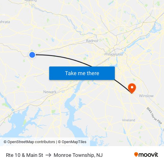 Rte 10 & Main St to Monroe Township, NJ map