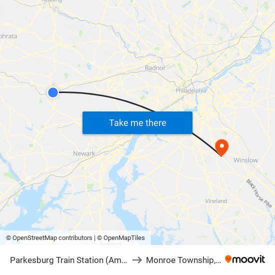 Parkesburg Train Station (Amtrak) to Monroe Township, NJ map