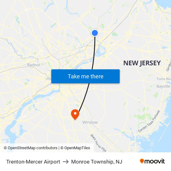Trenton-Mercer Airport to Monroe Township, NJ map