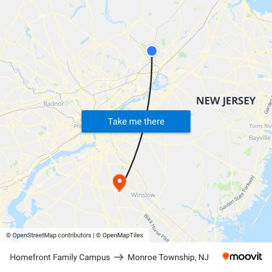 Homefront Family Campus to Monroe Township, NJ map