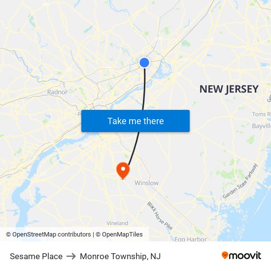 Sesame Place to Monroe Township, NJ map