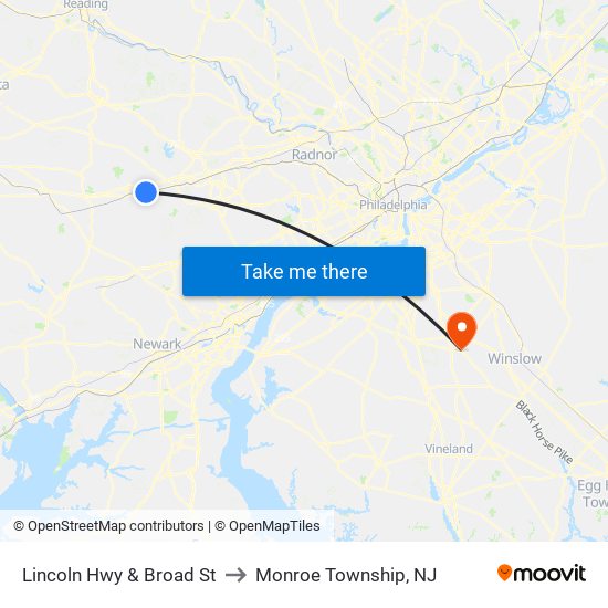 Lincoln Hwy & Broad St to Monroe Township, NJ map