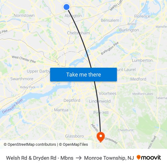 Welsh Rd & Dryden Rd - Mbns to Monroe Township, NJ map