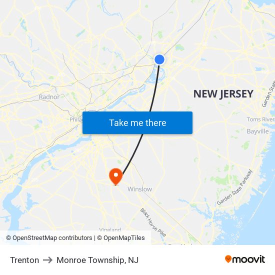 Trenton to Monroe Township, NJ map