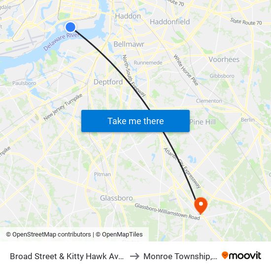 Broad Street & Kitty Hawk Avenue to Monroe Township, NJ map