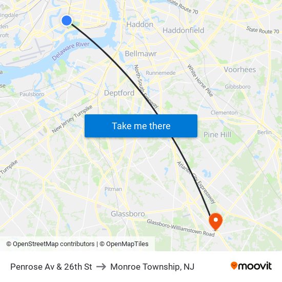 Penrose Av & 26th St to Monroe Township, NJ map