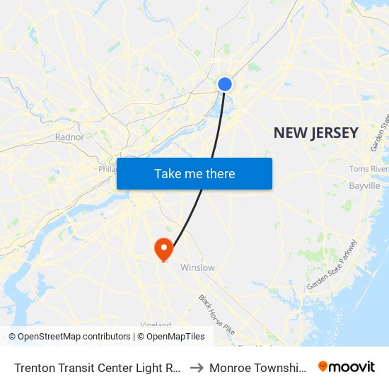 Trenton Transit Center Light Rail Sta to Monroe Township, NJ map