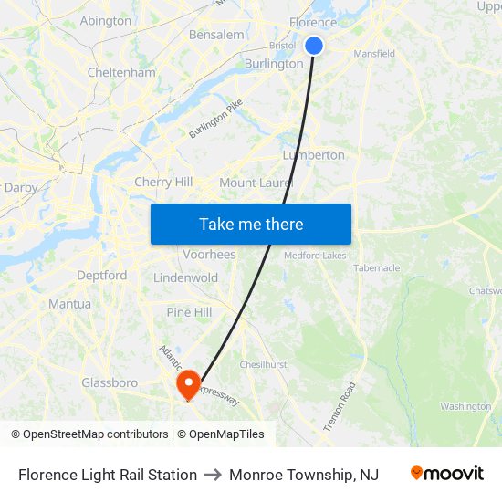 Florence Light Rail Station to Monroe Township, NJ map