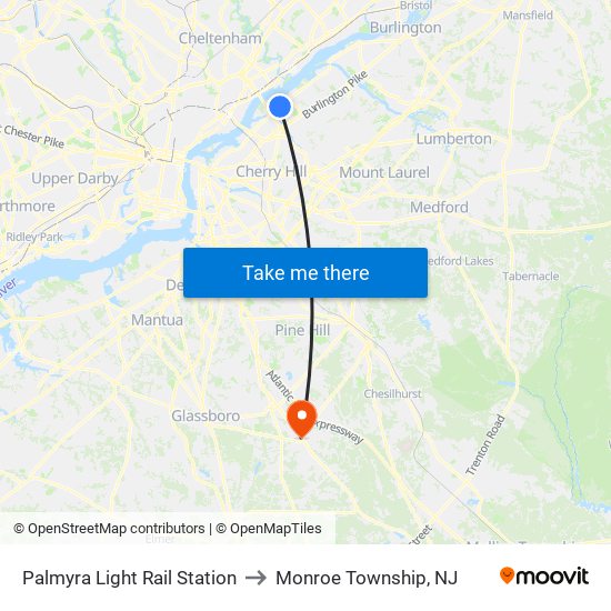 Palmyra Light Rail Station to Monroe Township, NJ map