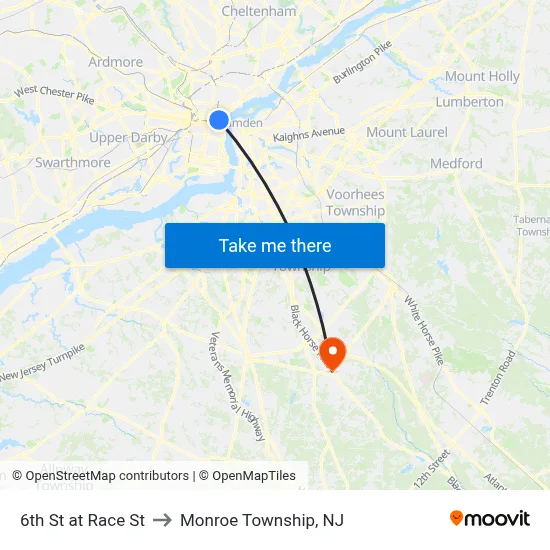 6th St at Race St to Monroe Township, NJ map