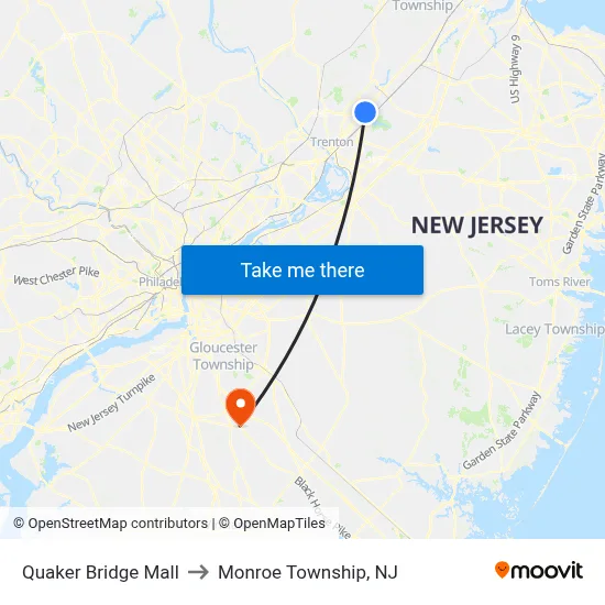 Quaker Bridge Mall to Monroe Township, NJ map