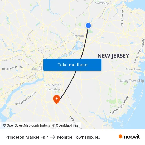 Princeton Market Fair to Monroe Township, NJ map