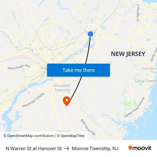 N Warren St at Hanover St to Monroe Township, NJ map
