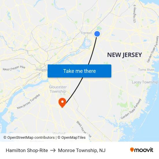 Hamilton Shop-Rite to Monroe Township, NJ map