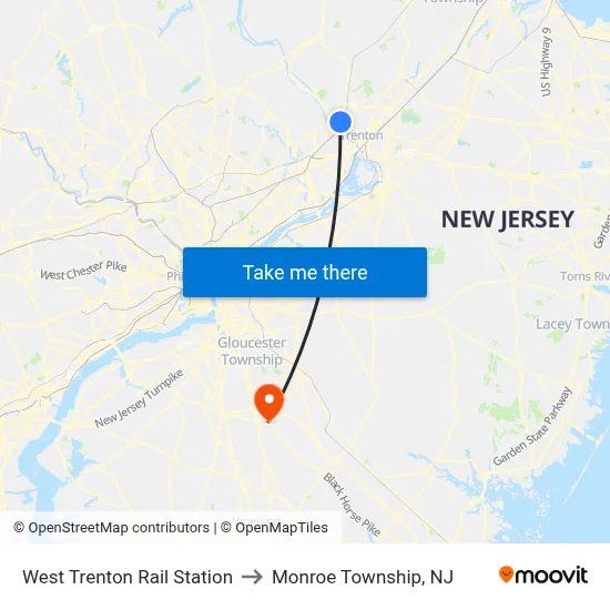 West Trenton Rail Station to Monroe Township, NJ map