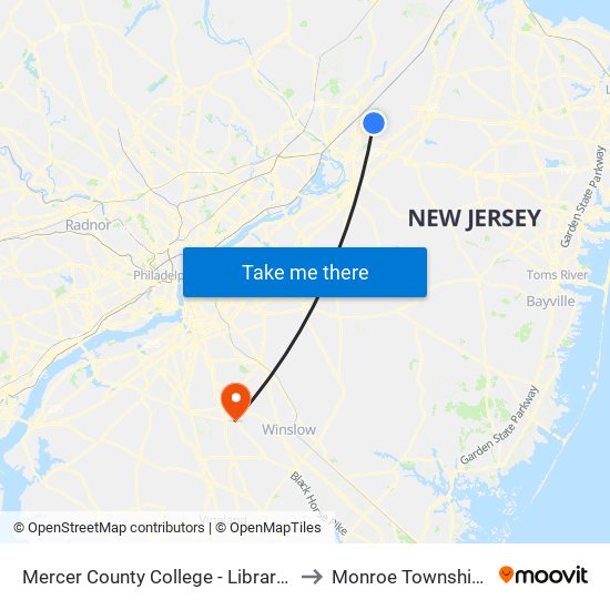 Mercer County College - Library Loop to Monroe Township, NJ map