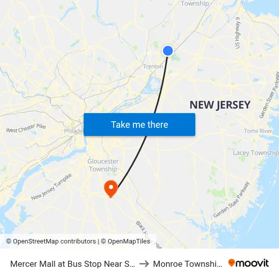 Mercer Mall at Bus Stop Near Shoprite to Monroe Township, NJ map