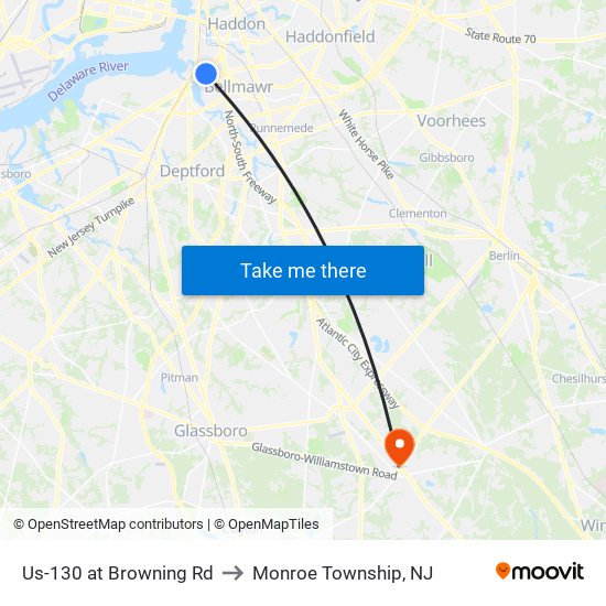 Us-130 at Browning Rd to Monroe Township, NJ map