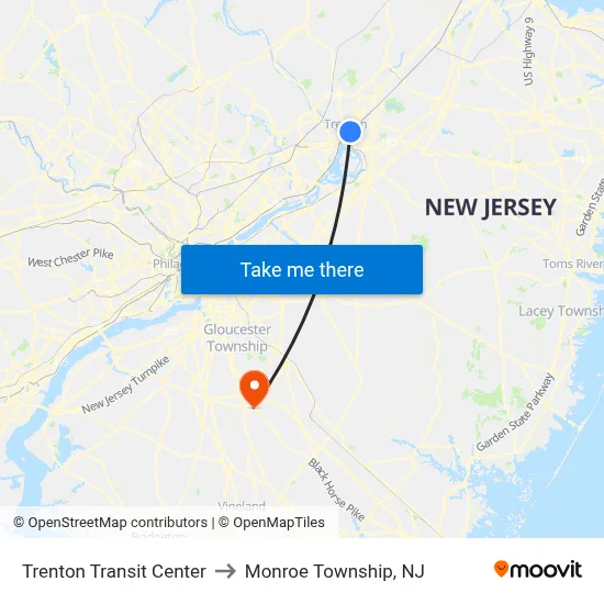 Trenton Transit Center to Monroe Township, NJ map