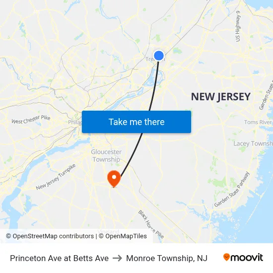 Princeton Ave at Betts Ave to Monroe Township, NJ map