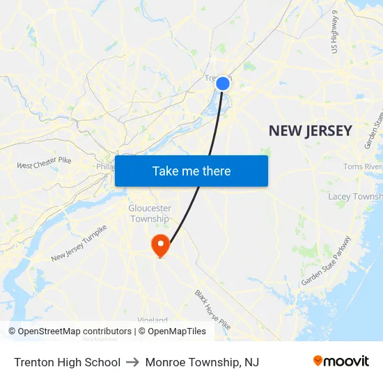 Trenton High School to Monroe Township, NJ map