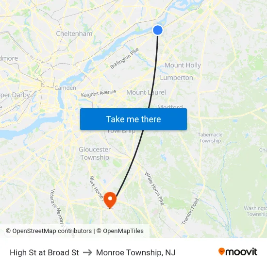 High St at Broad St to Monroe Township, NJ map