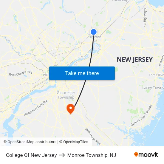 College Of New Jersey to Monroe Township, NJ map
