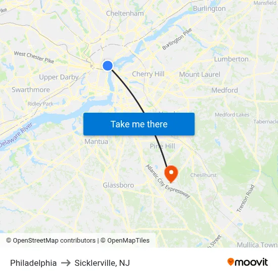 Philadelphia to Sicklerville, NJ map