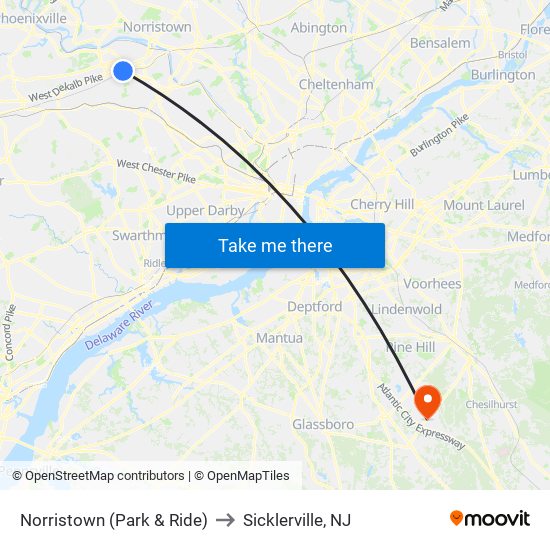 Norristown (Park & Ride) to Sicklerville, NJ map