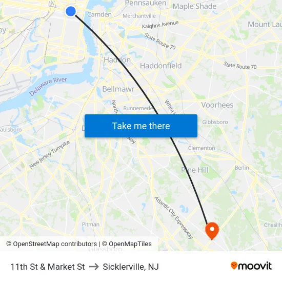 11th St & Market St to Sicklerville, NJ map