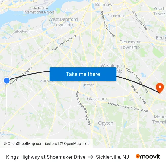 Kings Highway at Shoemaker Drive to Sicklerville, NJ map
