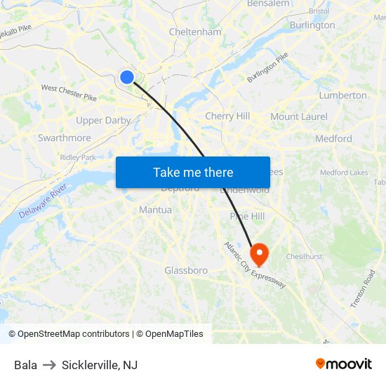 Bala to Sicklerville, NJ map