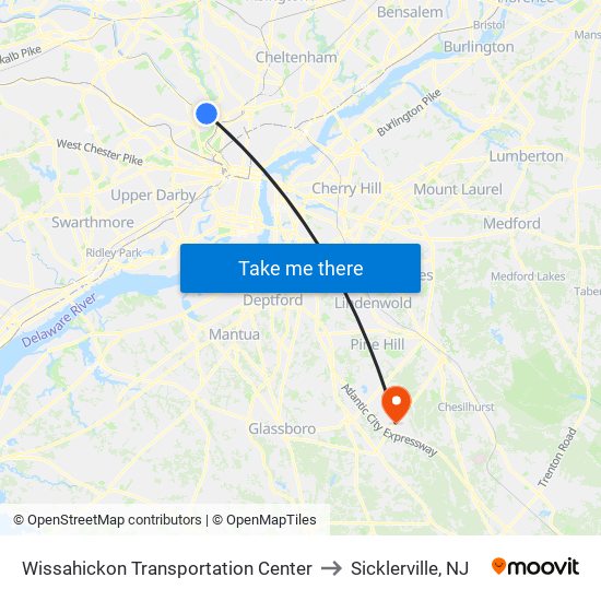 Wissahickon Transportation Center to Sicklerville, NJ map