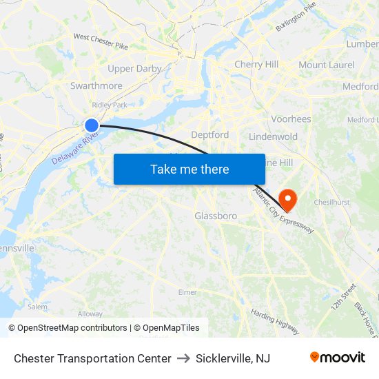 Chester Transportation Center to Sicklerville, NJ map
