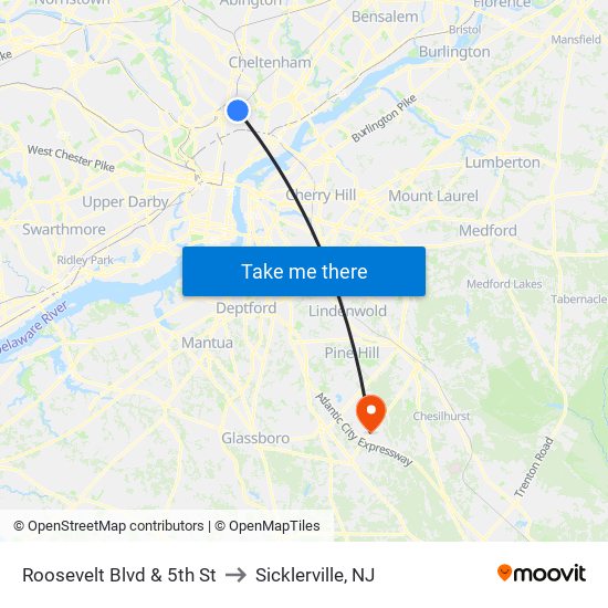 Roosevelt Blvd & 5th St to Sicklerville, NJ map