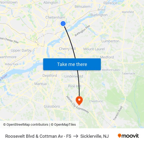 Roosevelt Blvd & Cottman Av - FS to Sicklerville, NJ map