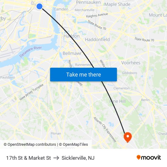 17th St & Market St to Sicklerville, NJ map