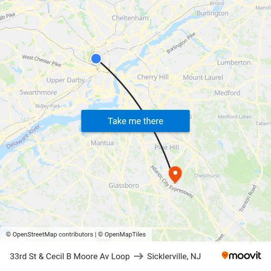 33rd St & Cecil B Moore Av Loop to Sicklerville, NJ map